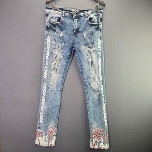 Preme Jeans Rest In Paradise Distressed Graphic Denim 34x33 Blue Palm Tree Slim